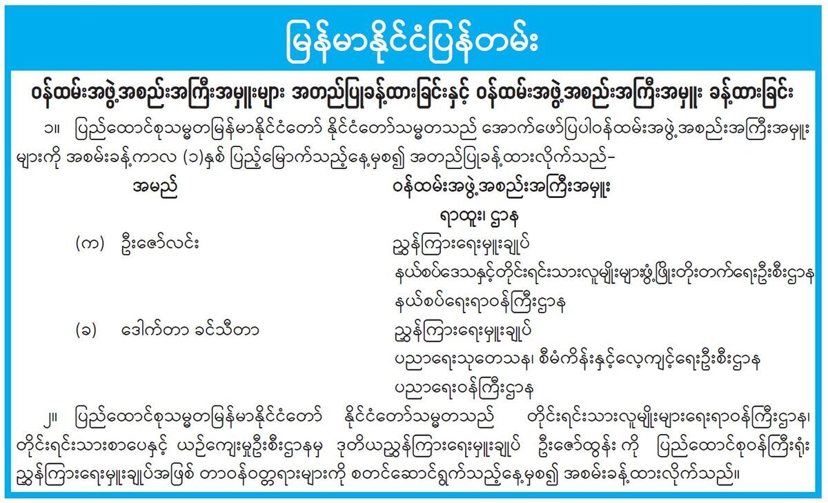 ဝန်ထမ်းအဖွဲ့အစည်းအကြီးအမှူးများ အတည်ပြုခန့်ထားခြင်းနှင့် ဝန်ထမ်းအဖွဲ့အစည်းအကြီးအမှူး ခန့်ထားခြင်း